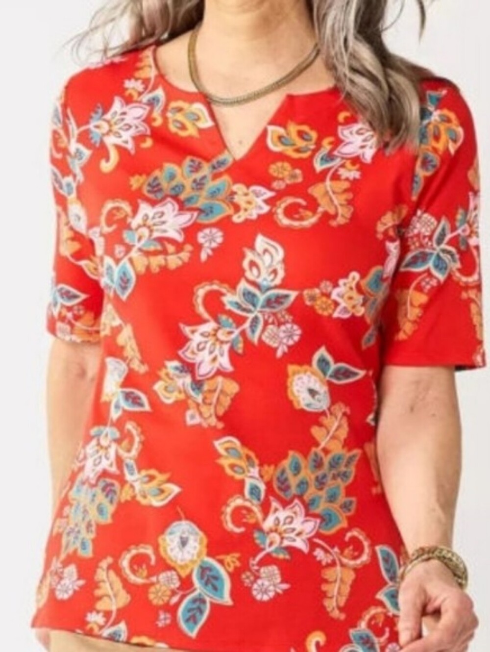 Croft & Barrow Red Floral V-Neck Top 1X 100% Cotton